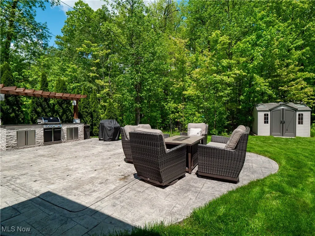 View of patio / terrace featuring exterior kitchen and a shed
