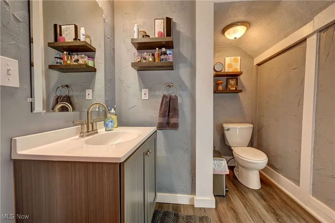 Bathroom with wood finished floors, vanity, lofted ceiling, and a textured ceiling