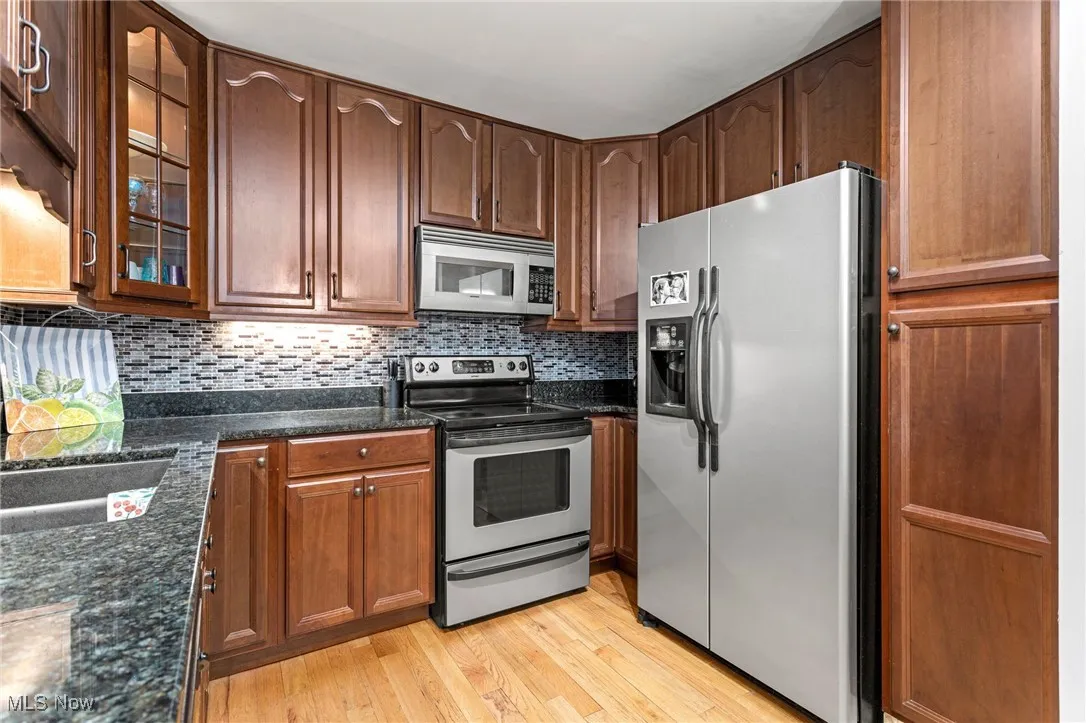 Kitchen featuring stainless steel appliances, light wood finished floors, glass insert cabinets, decorative backsplash, and dark stone countertops