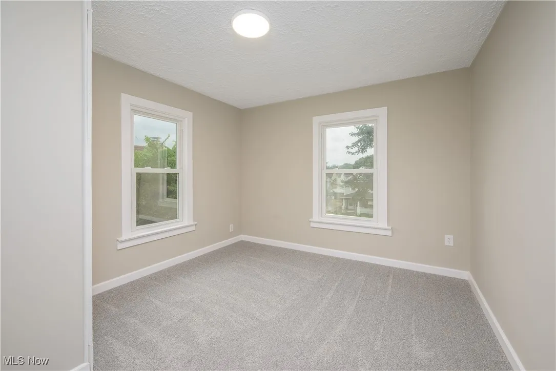 Spare room featuring carpet, plenty of natural light, and a textured ceiling