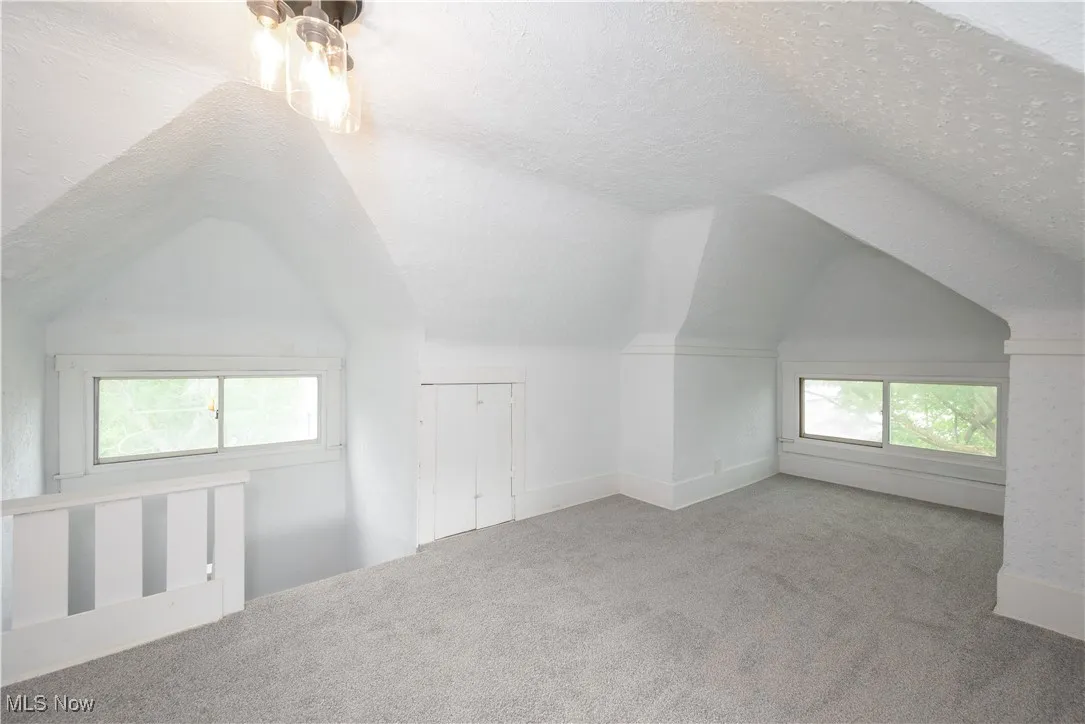 Bonus room featuring lofted ceiling, carpet floors, and a textured ceiling