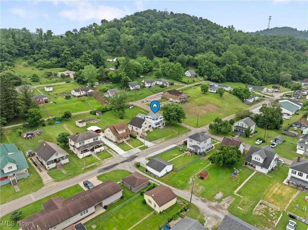 Aerial view of residential area featuring a forest