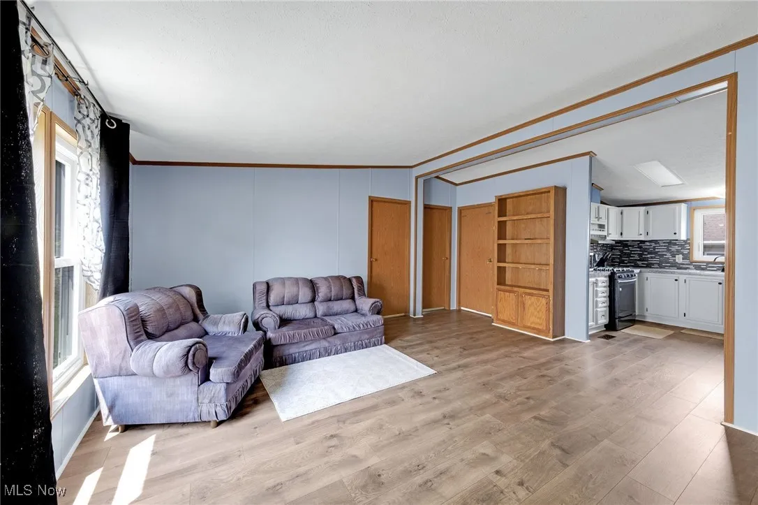 Living area featuring light wood finished floors and ornamental molding