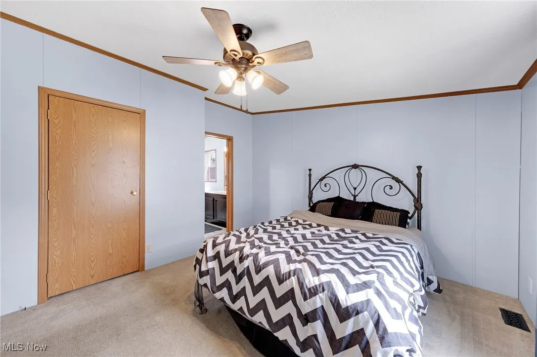Carpeted bedroom with crown molding and ceiling fan