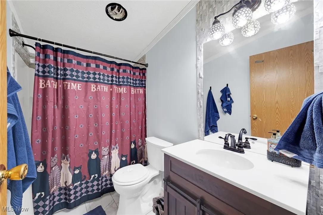 Bathroom with crown molding, vanity, and a shower with shower curtain