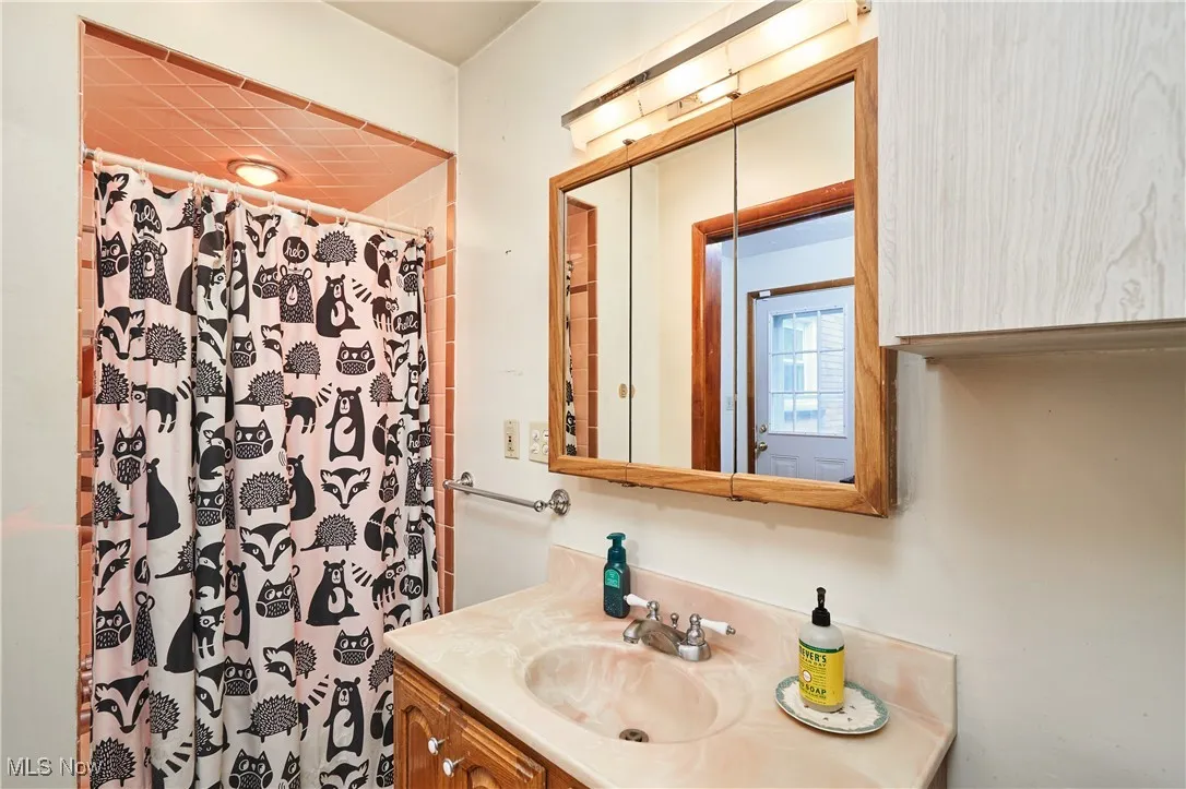 Bathroom featuring vanity and a shower with shower curtain