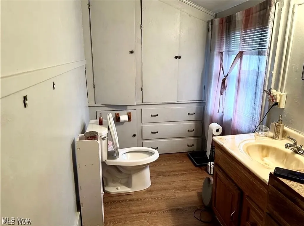 Bathroom with vanity and wood finished floors