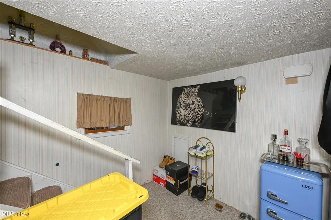 Rec room featuring a textured ceiling and carpet