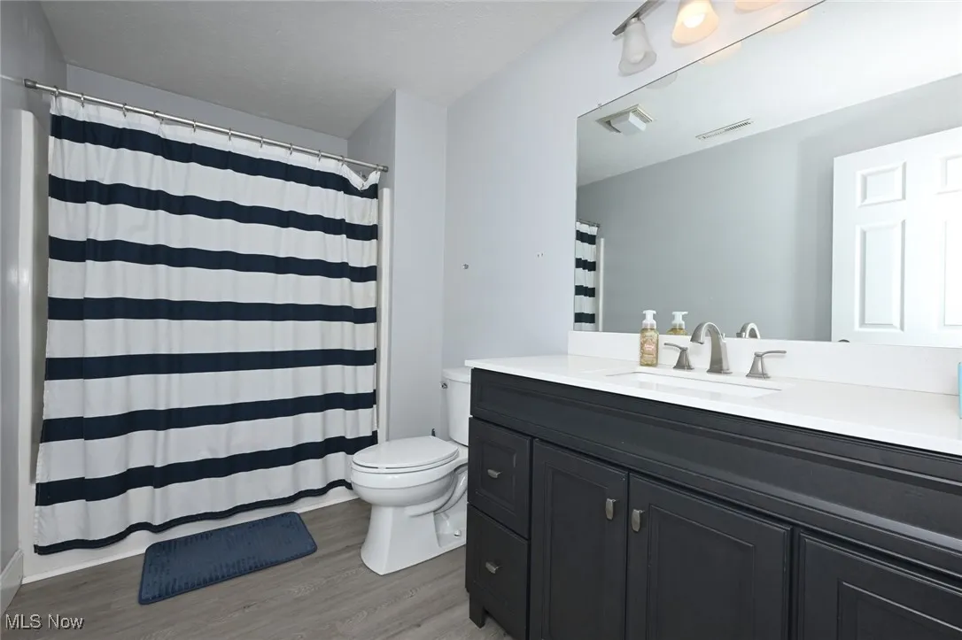 Full bathroom featuring vanity, wood finished floors, and a shower with shower curtain