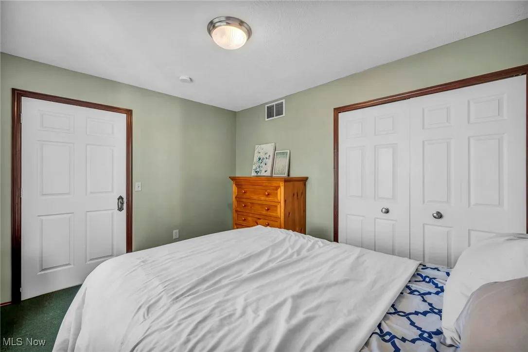 Carpeted bedroom featuring a closet