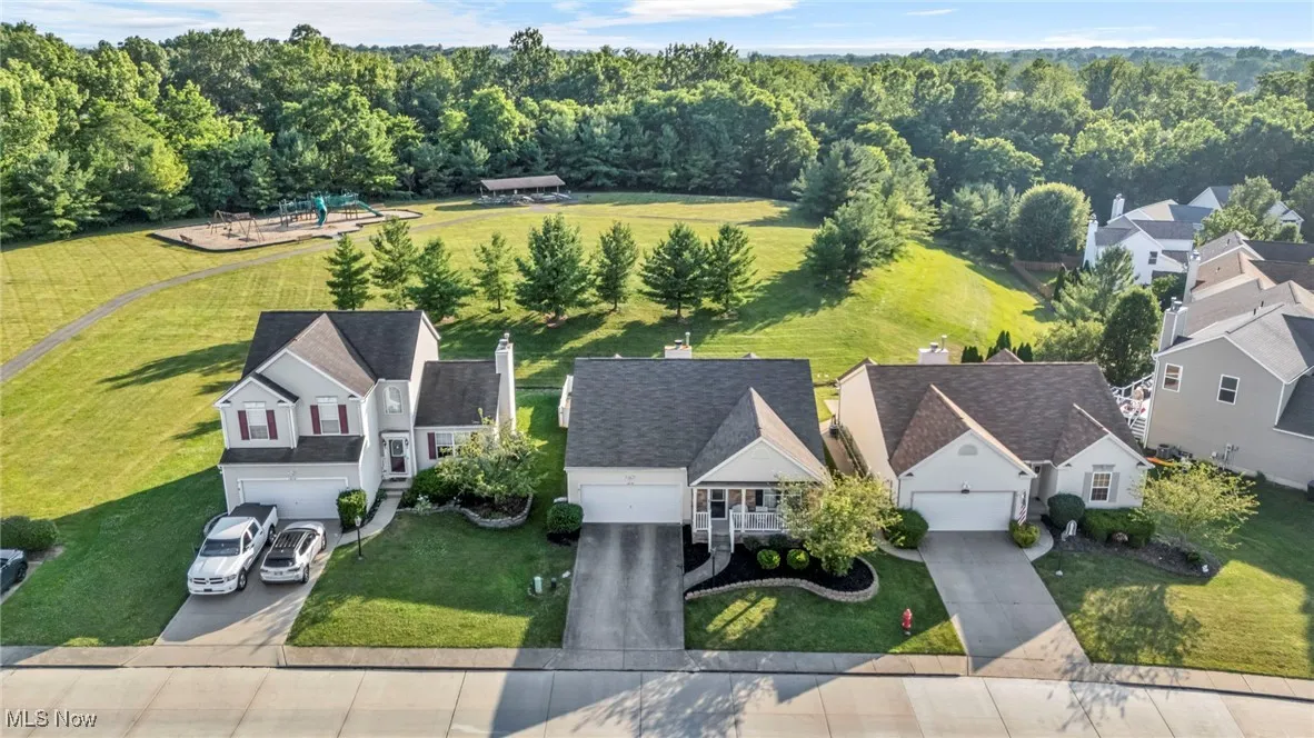 Aerial perspective of suburban area featuring a forest