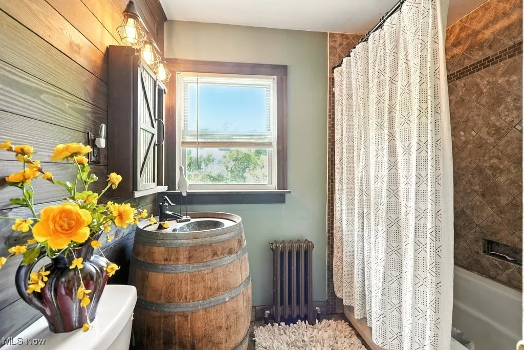 Bathroom with Remolded Rustic Wine Barrel Sink and Live Edge Shelf