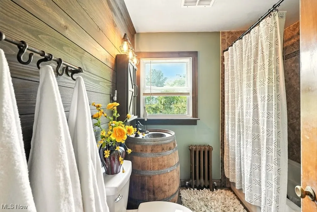 Bathroom with Remolded Rustic Wine Barrel Sink and Live Edge Shelf