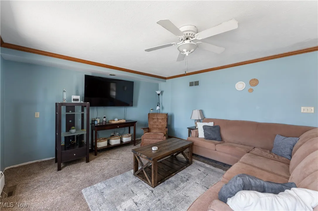 Living room with a ceiling fan, carpet flooring, and crown molding