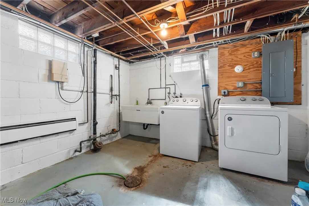Below grade area featuring electric panel, washing machine and dryer, and baseboard heating