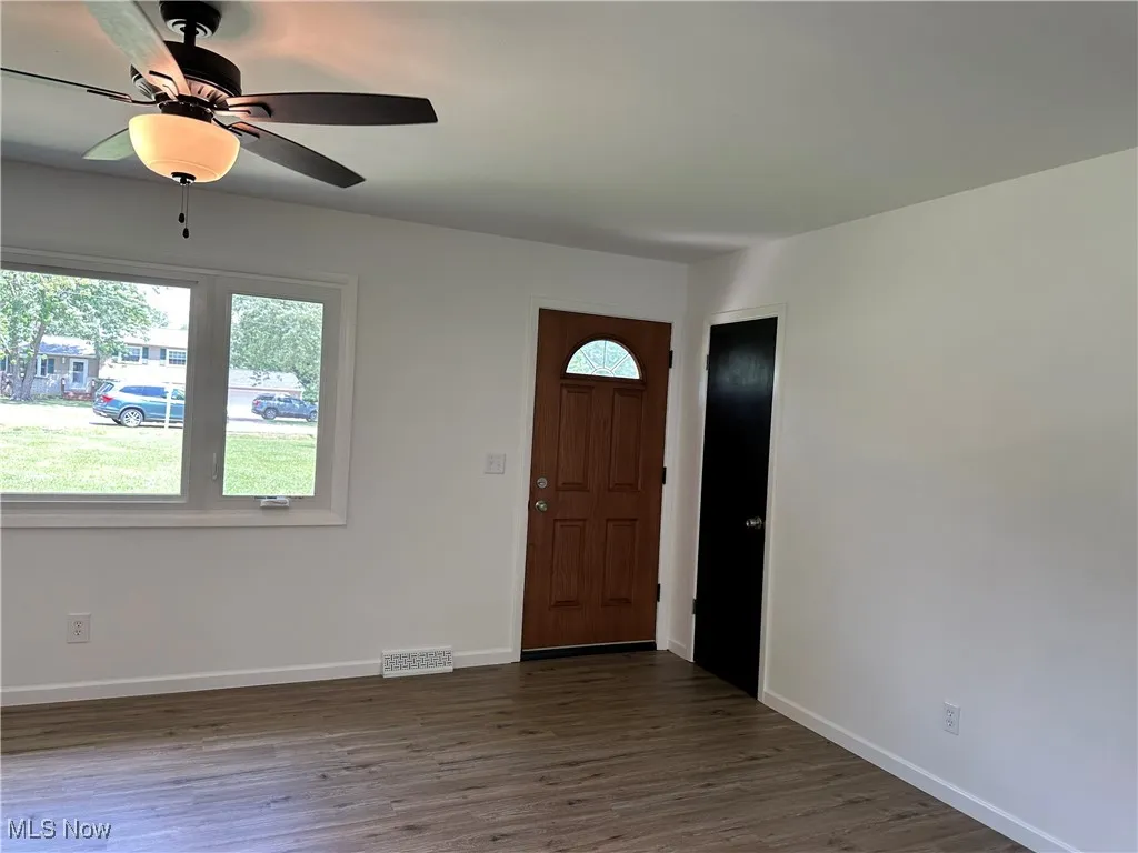 Foyer featuring plenty of natural light, dark wood-style flooring, and a ceiling fan