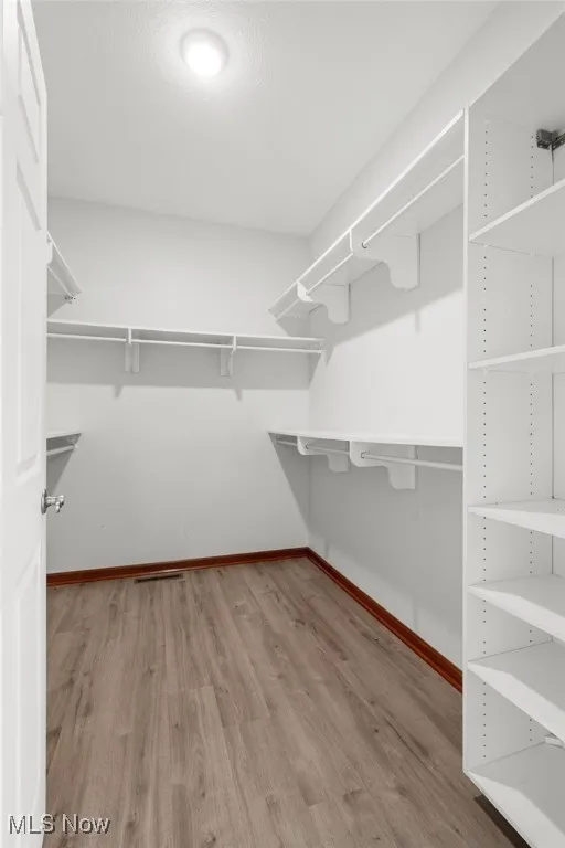 Walk in closet with wood finished floors
