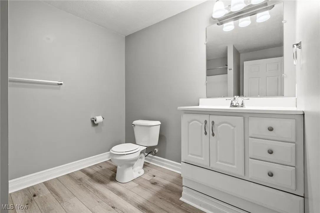 Bathroom featuring vanity, wood finished floors, and a textured ceiling