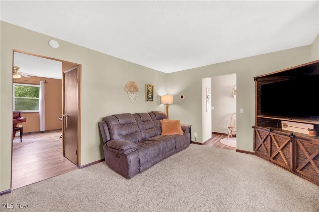Living room with light colored carpet and a ceiling fan