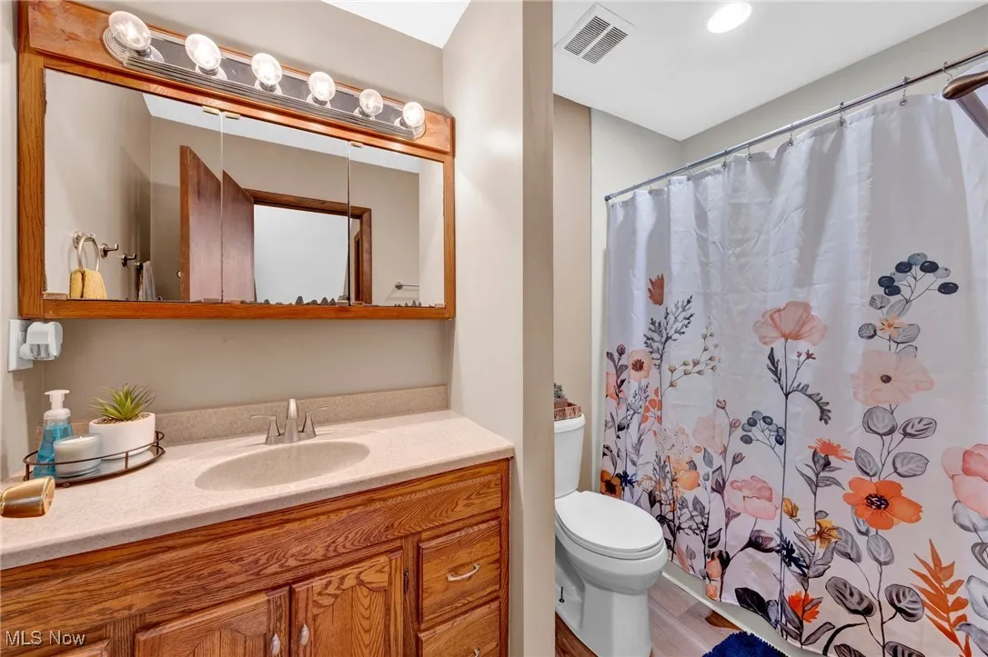Full bath featuring vanity, wood finished floors, and a shower with curtain