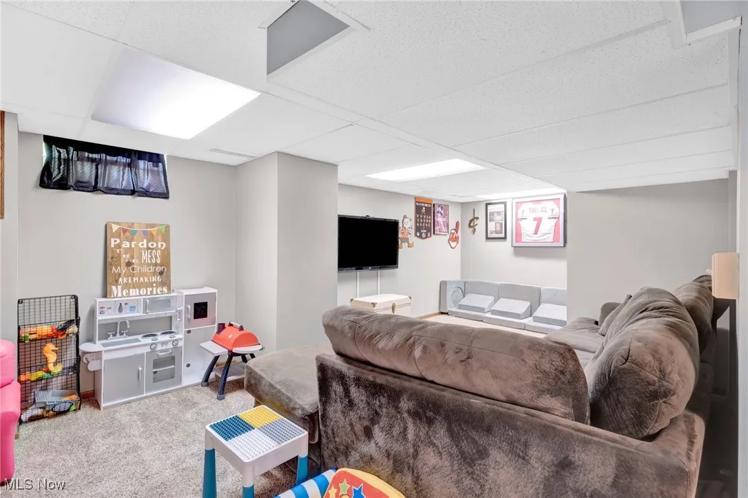 Carpeted living room with a drop ceiling