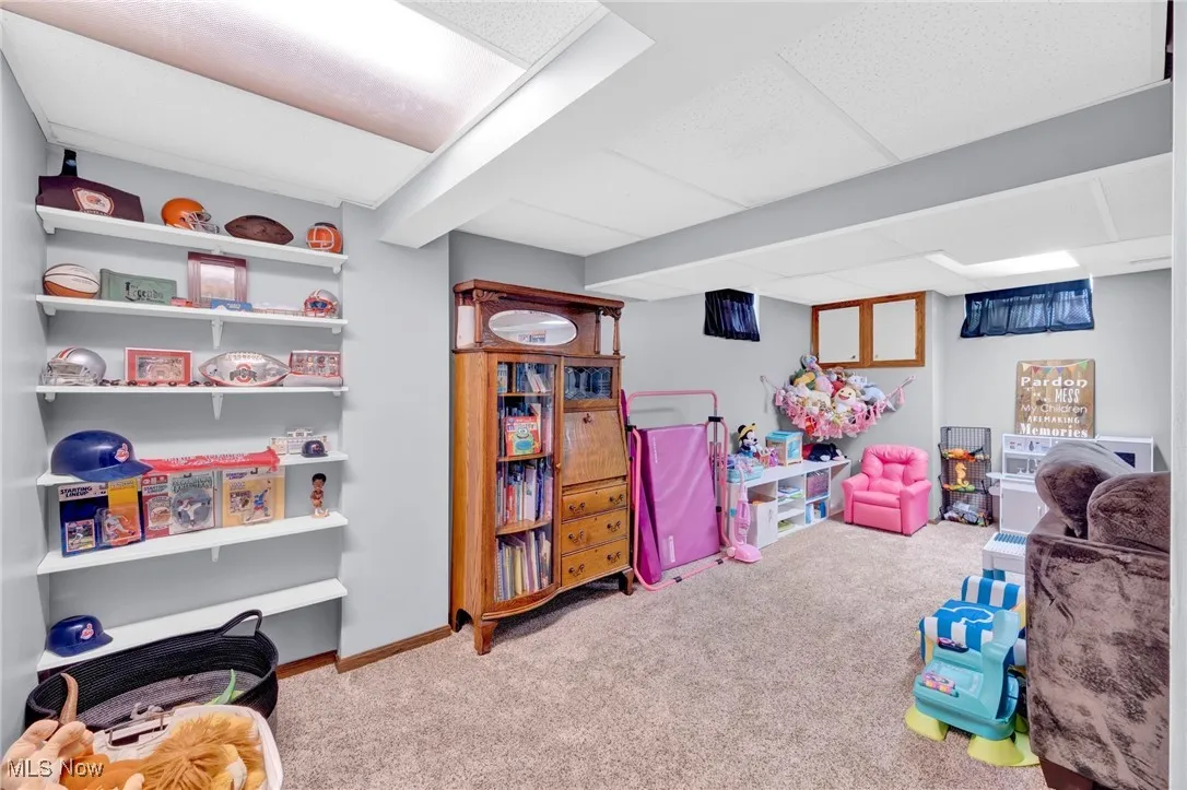 Game room with carpet flooring