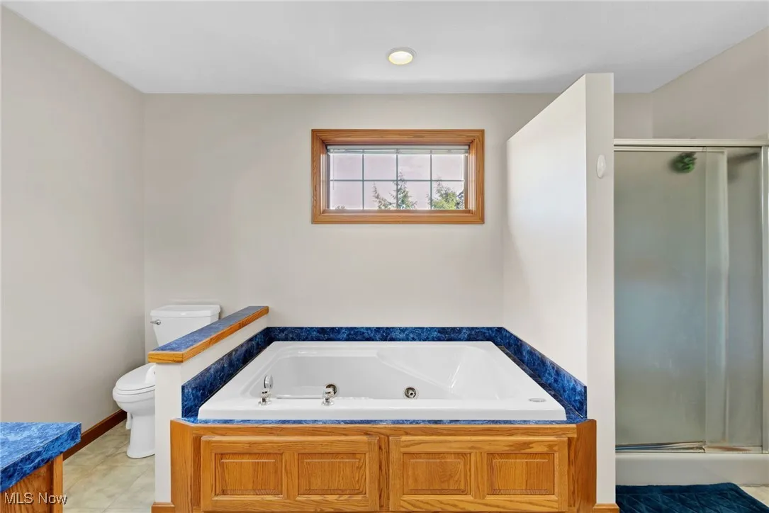 Bathroom with a shower stall and a whirlpool tub