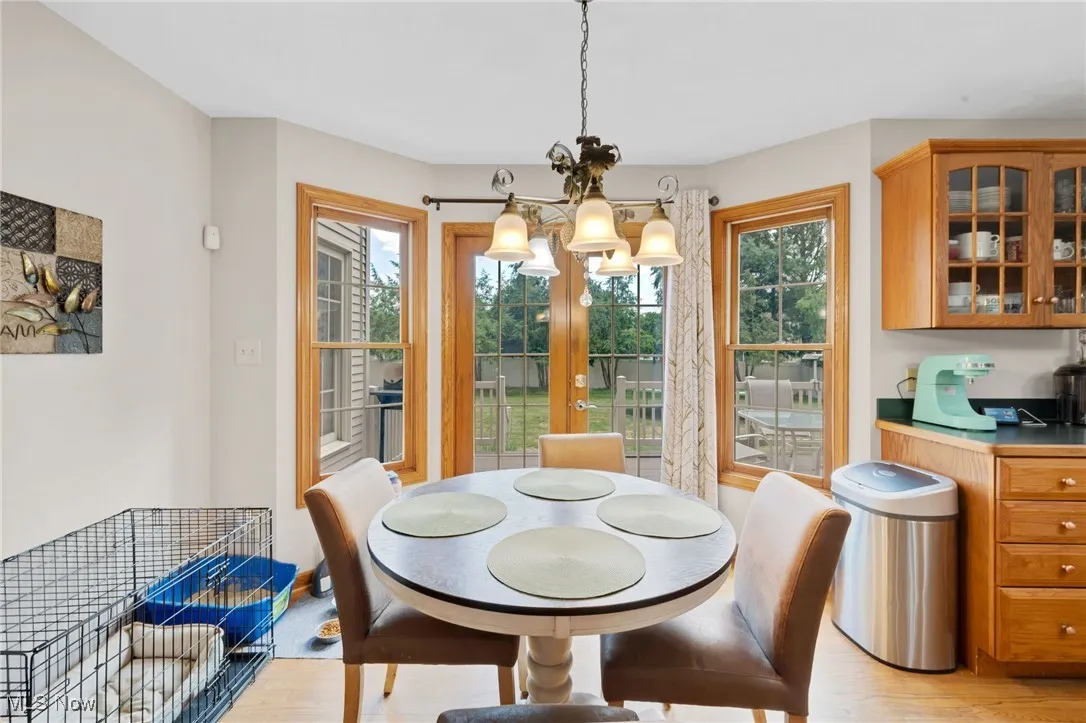 Dining area featuring a chandelier, healthy amount of natural light, and light wood-style flooring