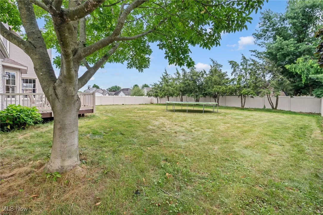 Fenced backyard featuring a trampoline and a deck
