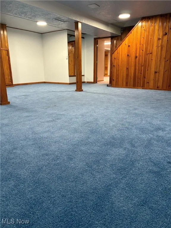 Finished basement with carpet, a textured ceiling, and wooden walls