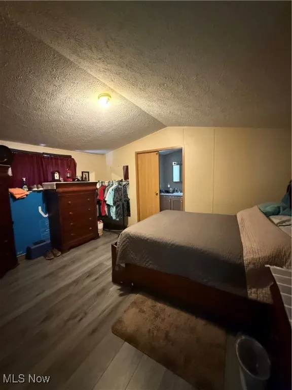 Bedroom featuring wood finished floors, a textured ceiling, and vaulted ceiling