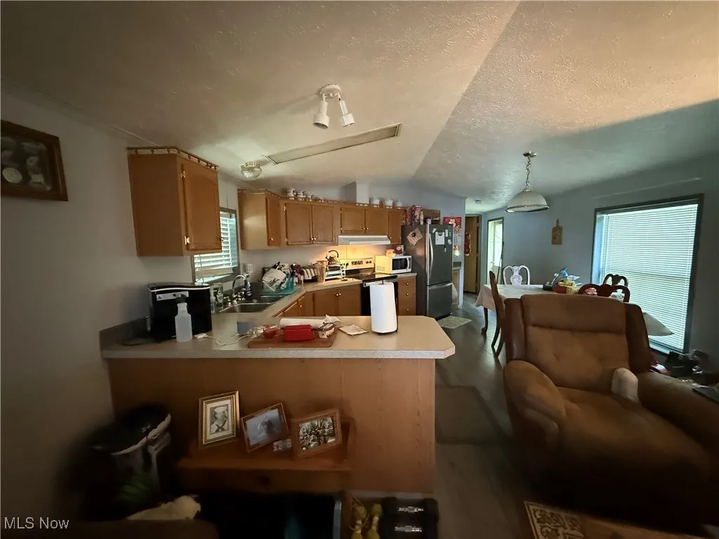 Kitchen with appliances with stainless steel finishes, under cabinet range hood, lofted ceiling, a peninsula, and light countertops