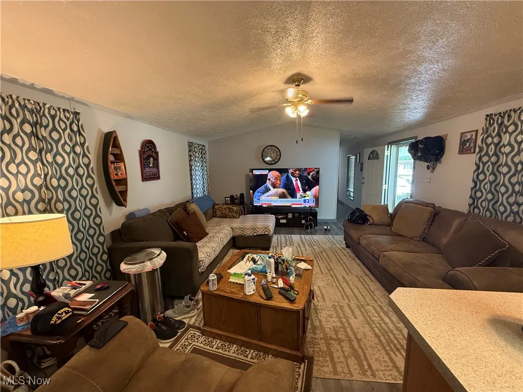 Living area with ceiling fan, wood finished floors, lofted ceiling, and a textured ceiling