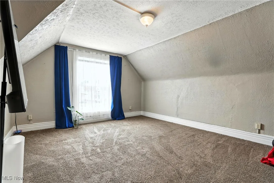 Bonus room featuring carpet floors, a textured ceiling, and lofted ceiling