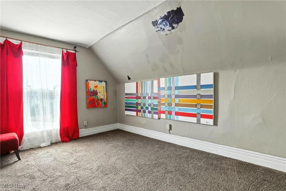 Spare room with vaulted ceiling and carpet flooring