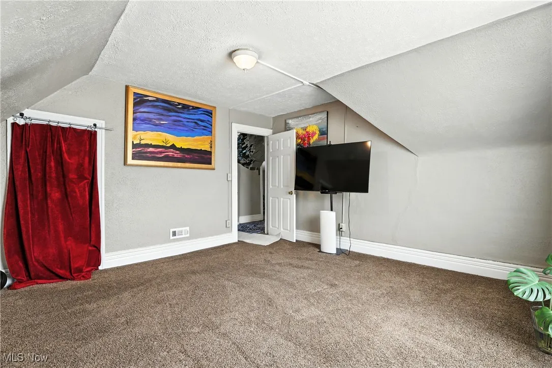 Bonus room featuring carpet flooring, a textured ceiling, and lofted ceiling