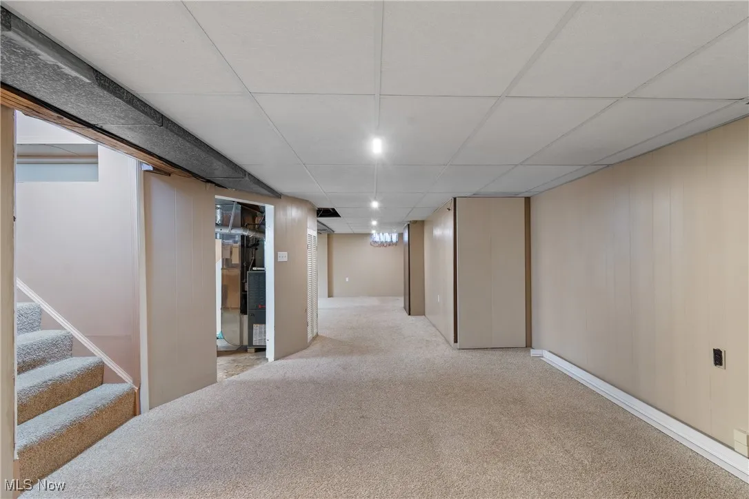 Finished below grade area featuring light carpet and a paneled ceiling