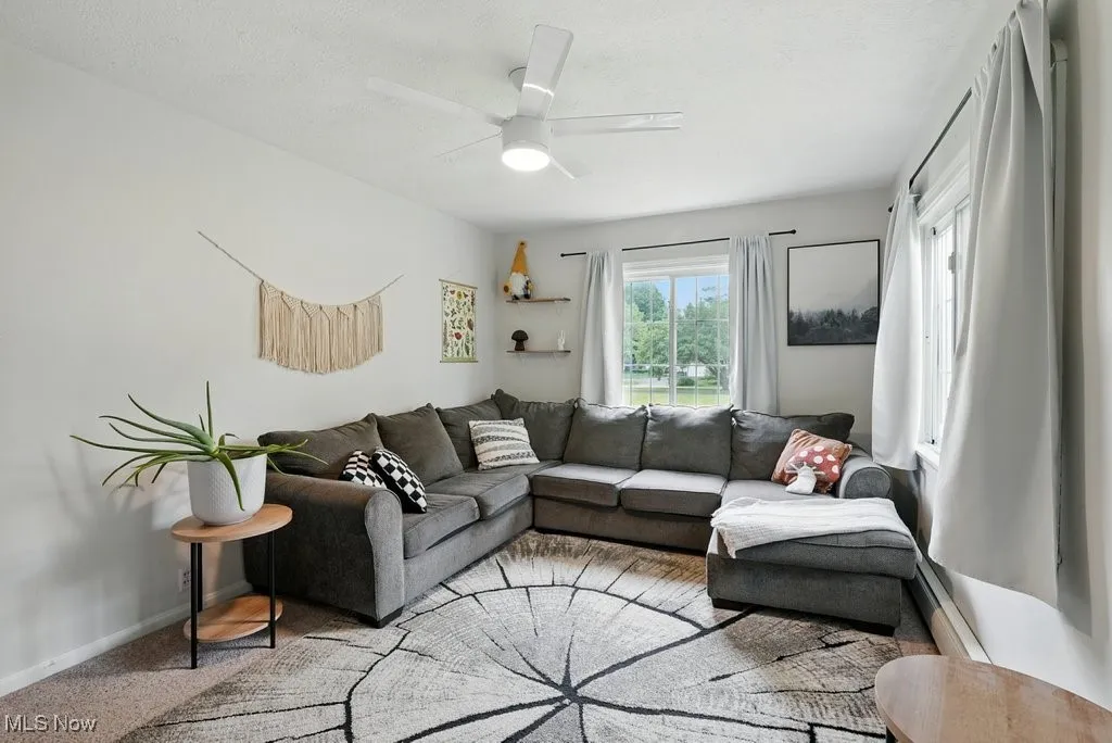 Living room featuring baseboard heating, a ceiling fan, and carpet floors
