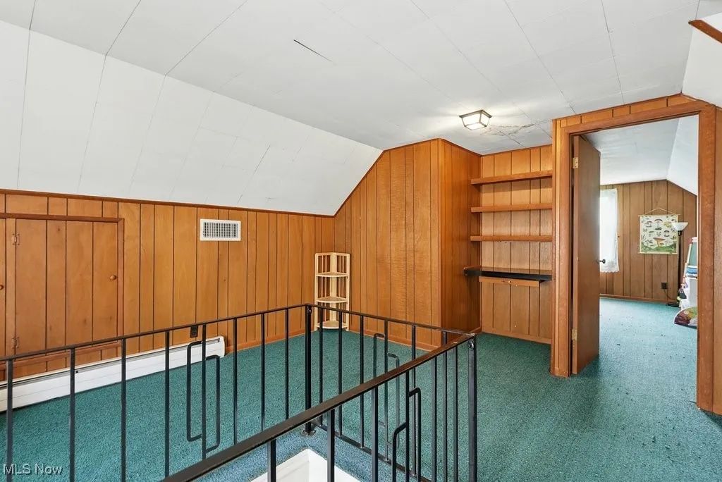 Additional living space with wood walls, carpet flooring, and vaulted ceiling