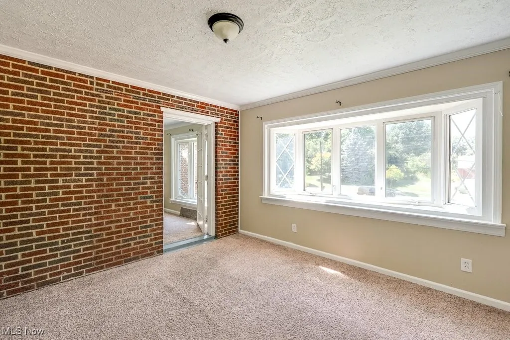 Spare room featuring ornamental molding, a textured ceiling, carpet, and brick wall