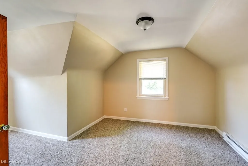 Additional living space with a baseboard heating unit, carpet, and lofted ceiling