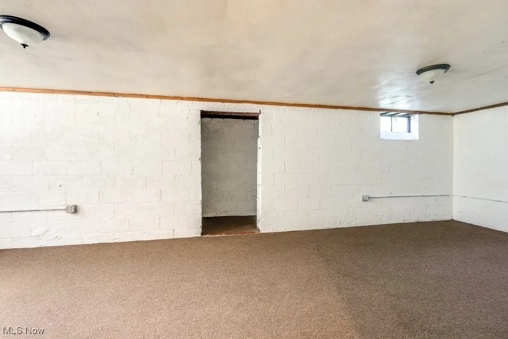 Below grade area featuring carpet, concrete block wall, and ornamental molding