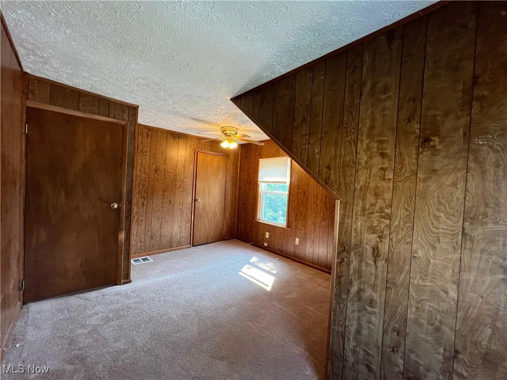 Bonus room with wood walls, a textured ceiling, carpet floors, and a ceiling fan