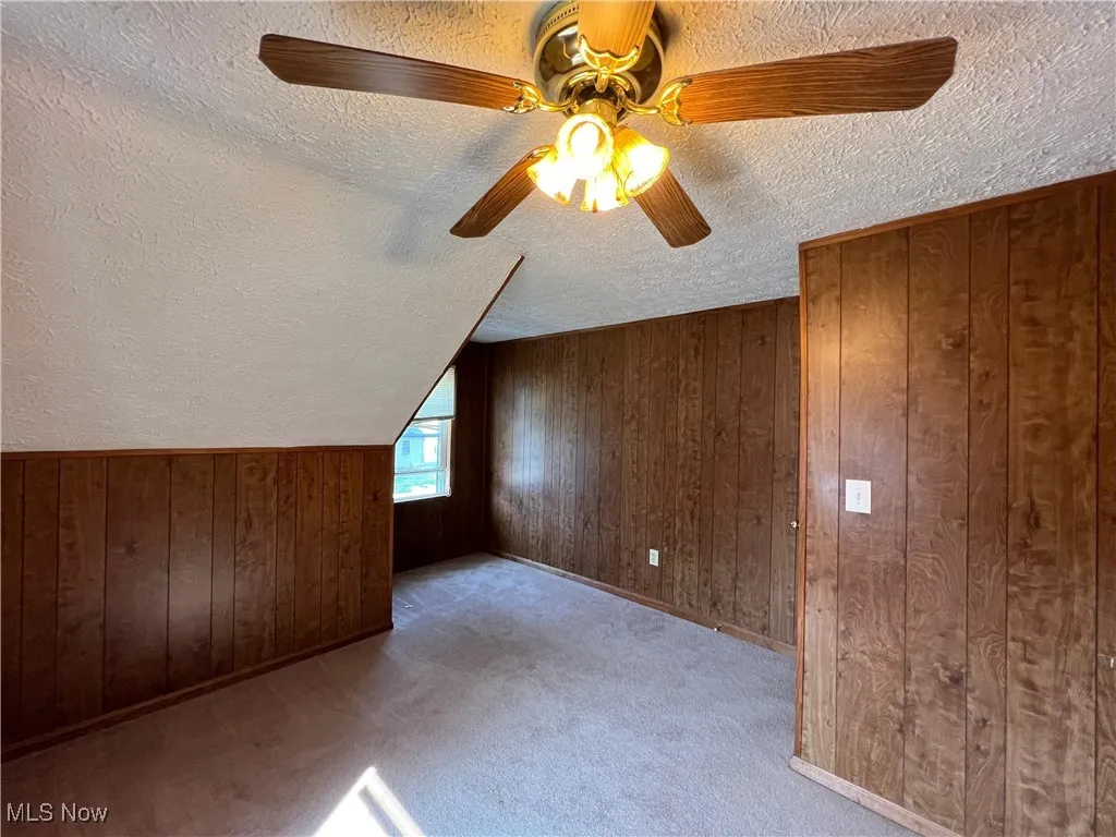 Additional living space featuring a textured ceiling, wooden walls, ceiling fan, and carpet