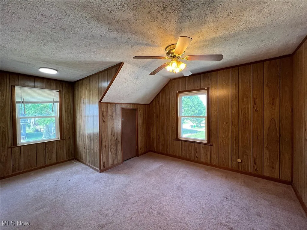 Additional living space featuring carpet flooring, wood walls, a textured ceiling, and a ceiling fan