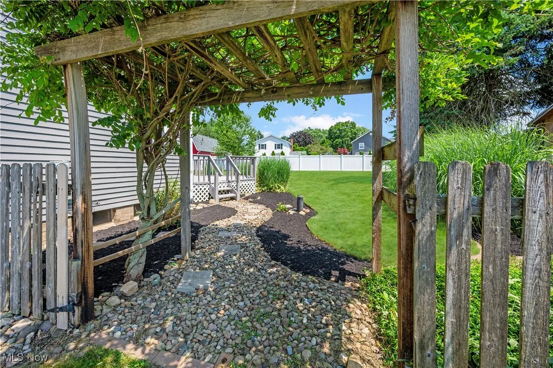 Fenced backyard with a wooden deck