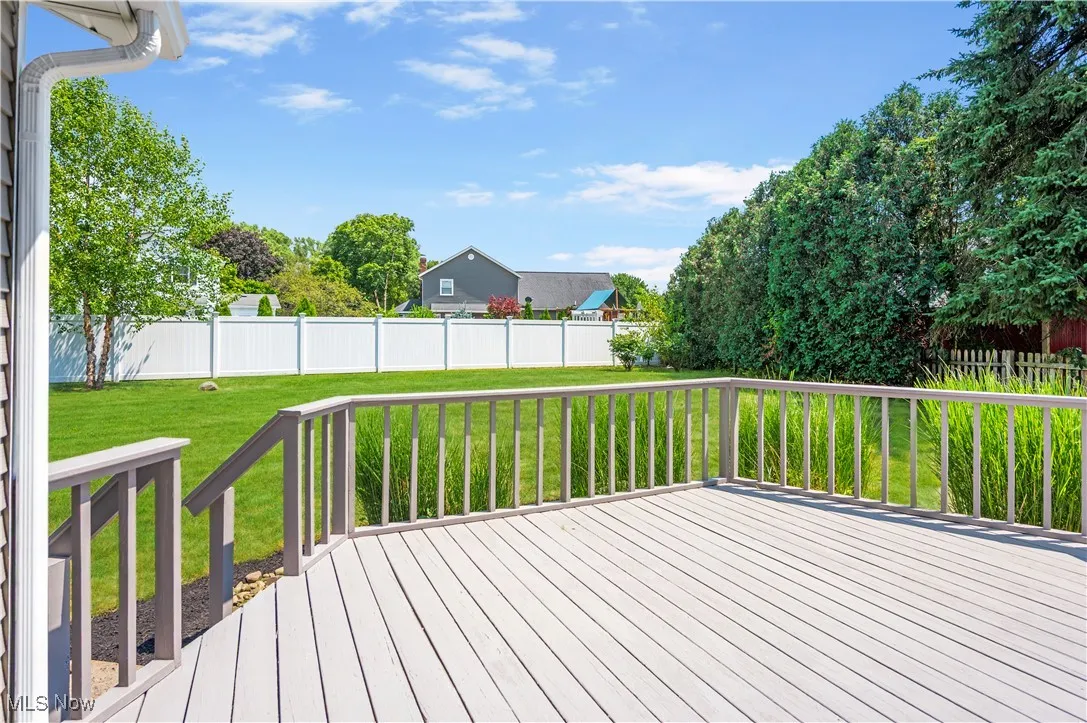 Wooden deck with a fenced backyard