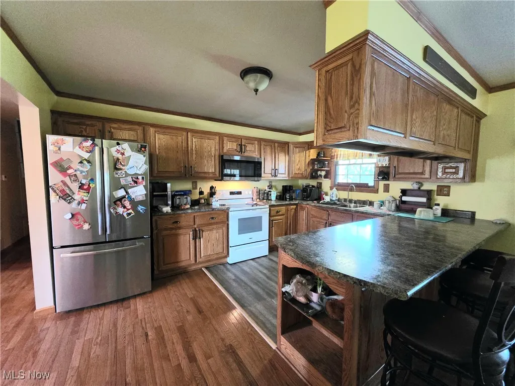 Kitchen featuring appliances with stainless steel finishes, ornamental molding, dark wood-type flooring, dark countertops, and a peninsula
