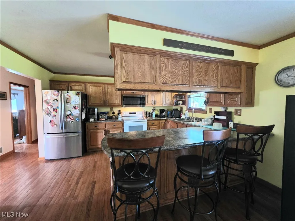 Kitchen with stainless steel appliances, a peninsula, crown molding, dark countertops, and dark wood finished floors