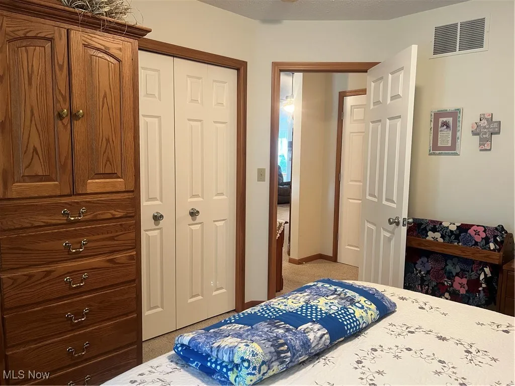 Bedroom with carpet and a closet